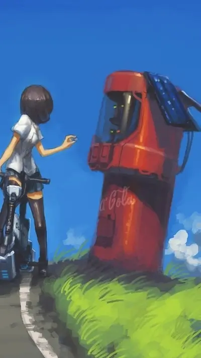 Girl with motorcycle offering coin to Coca-Cola machine, blue sky background
