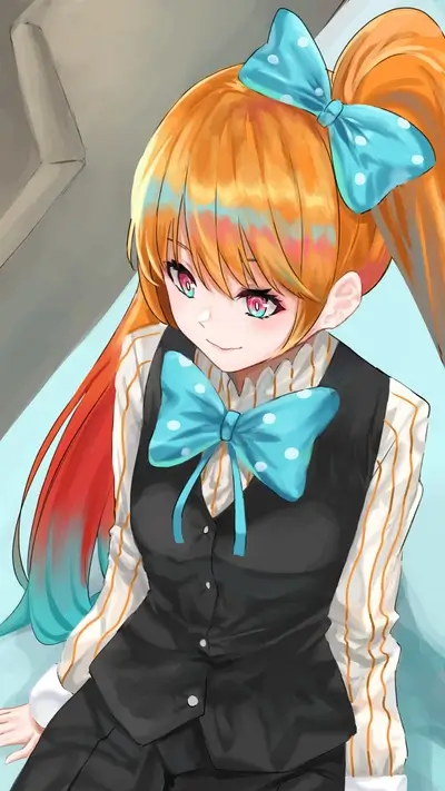 Girl with orange and teal hair in a black vest