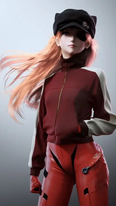 Girl with orange hair, eye patch, and black cat-eared cap is looking ahead