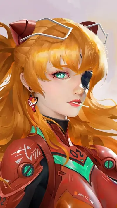 Girl with orange hair, eyepatch, and lollipop, wearing a red and green outfit
