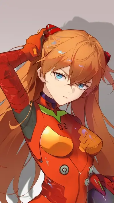 Girl with orange hair in futuristic red outfit looks with her blue eyes