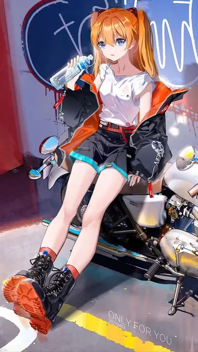 Girl with orange hair sitting on a motorcycle
