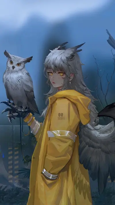Girl with owl and wings in yellow raincoat