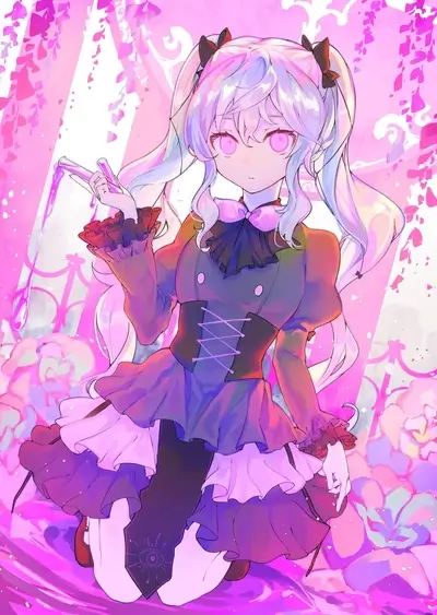 Girl with pastel hair, potion, surrounded by roses