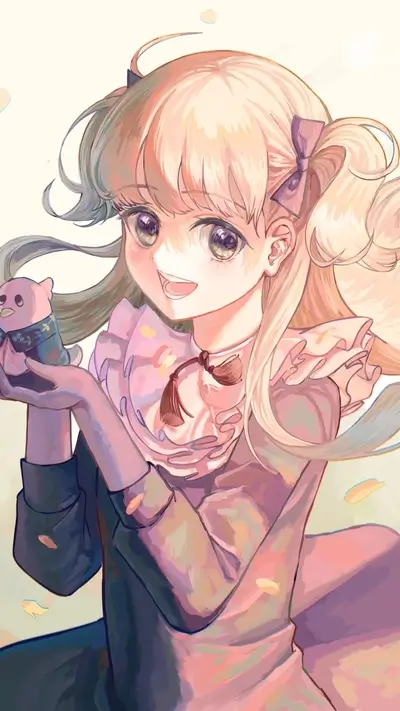 Girl with pigtails holding a plush toy, soft colors