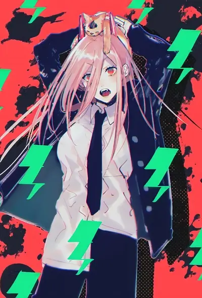 Girl with pink hair and a cat on her head