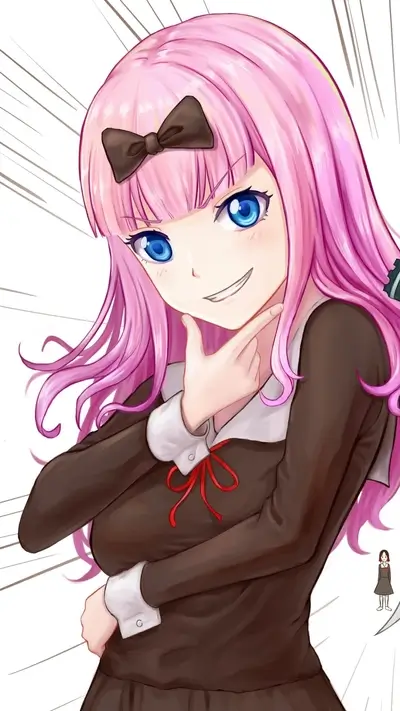 Girl with pink hair and brown bow looking sly