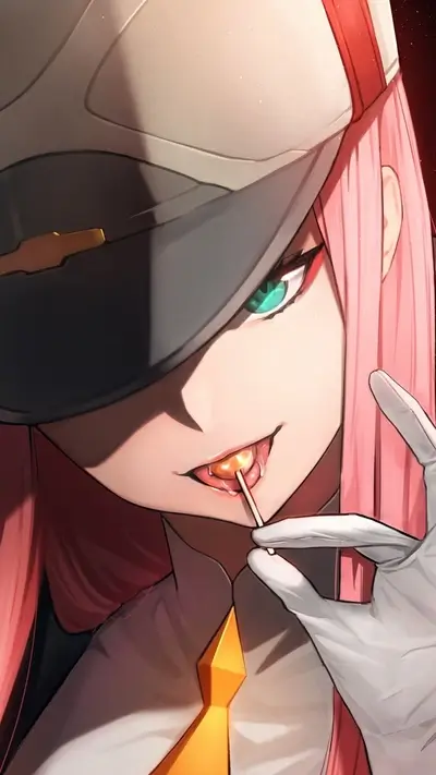 Girl with pink hair and hat eating lollipop