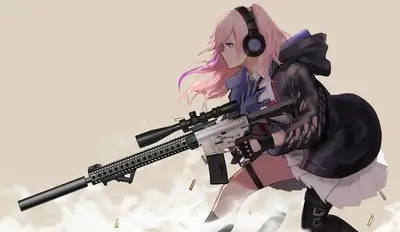 Girl with pink hair and rifle