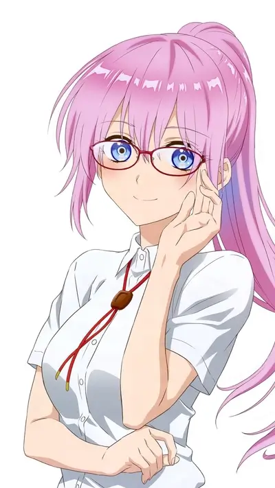 Girl with pink hair, blue eyes, and red glasses standing against white backdrop