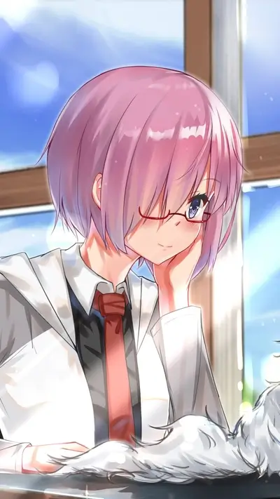 Girl with pink hair, glasses, and white coat looking down