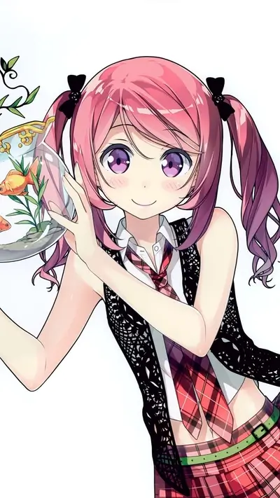 Girl with pink hair holding a fishbowl
