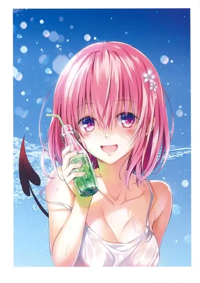 Girl with pink hair holding beverage, summer atmosphere, refreshing and cheerful