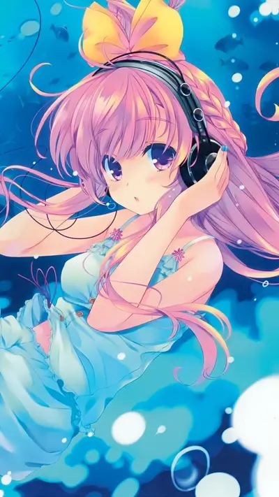 Girl with pink hair listening to music underwater with bubble decorations