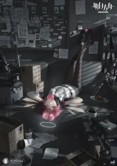 Girl with pink hair relaxing on a couch in a messy room