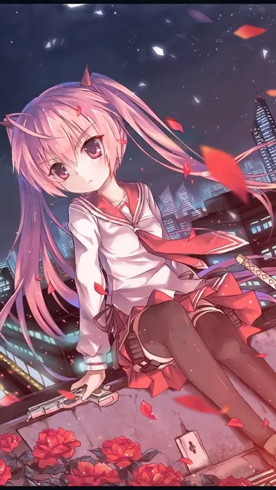 Girl with pink hair sitting on a rooftop