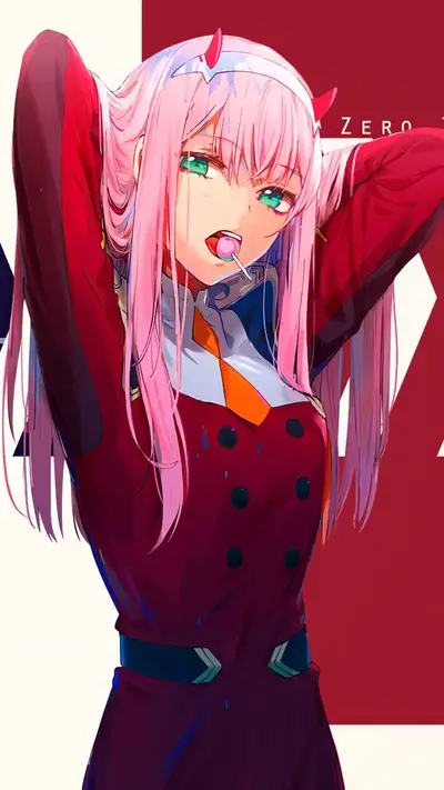 Girl with pink hair wearing a red outfit, eating a lollipop