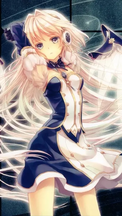 Girl with platinum hair wearing fancy blue and white dress