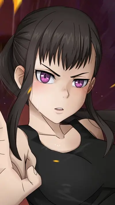 Girl with purple eyes, determined expression