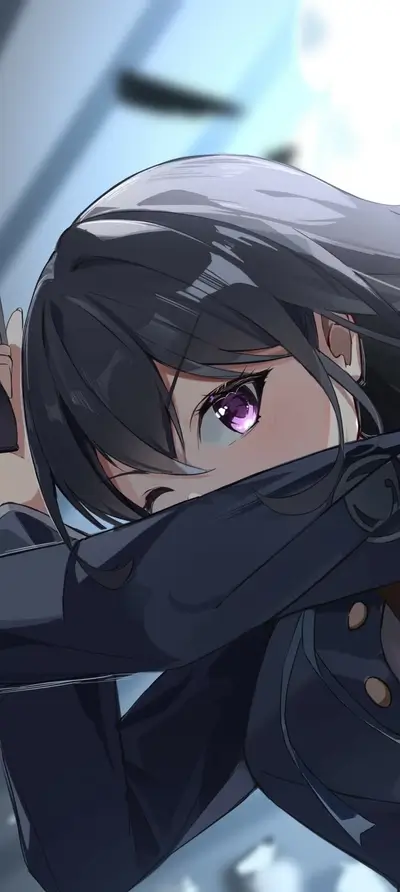 Girl with purple eyes hiding behind sleeve