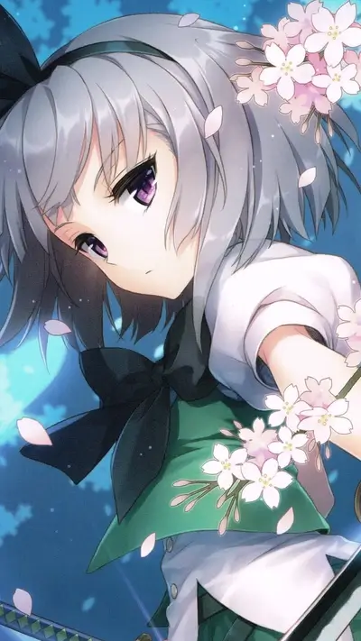 Girl with purple eyes, short grey hair surrounded by pink cherry blossoms