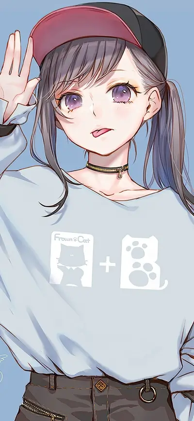 Girl with purple eyes, waving, wearing a cap and light blue sweatshirt
