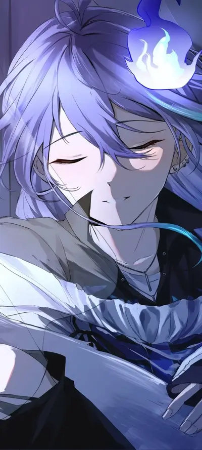 Girl with purple hair and a blue flame