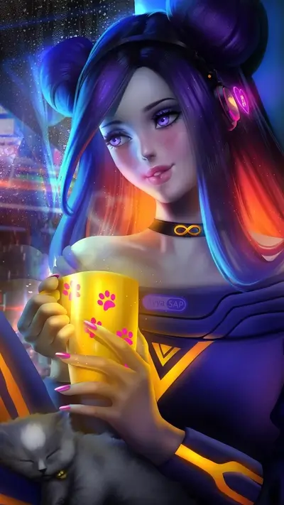 Girl with purple hair holding a mug