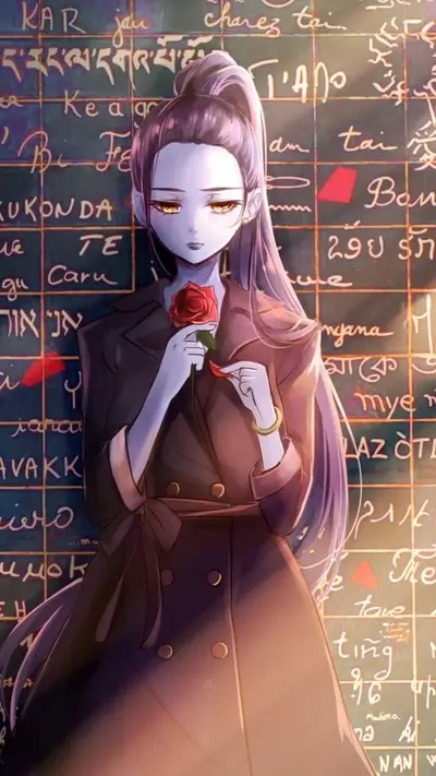 Girl with purple hair holding a rose in front of a chalkboard