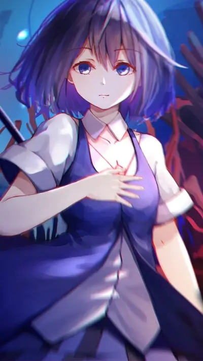 Girl with purple hair in a blue vest