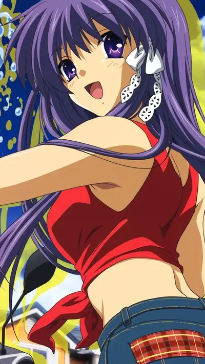 Girl with purple hair in a red top and blue jeans