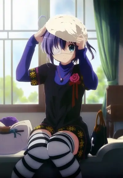 Girl with purple hair putting on a hat