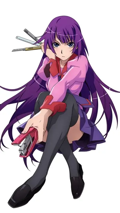 Girl with purple hair sitting, holding stationery