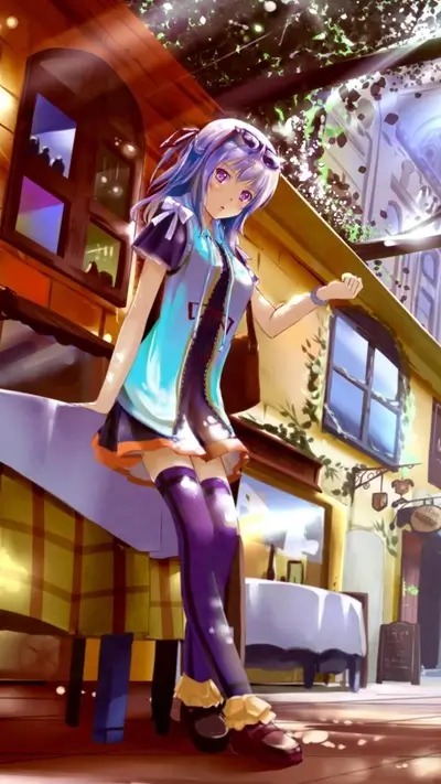 Girl with purple hair standing in a European-style alleyway
