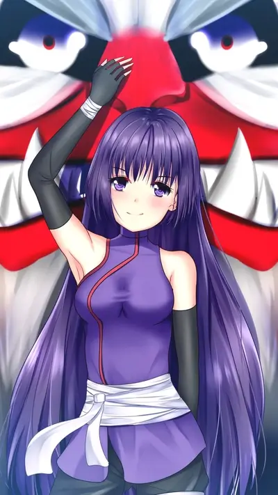 Girl with purple hair stands before red, white, and blue oni mask.
