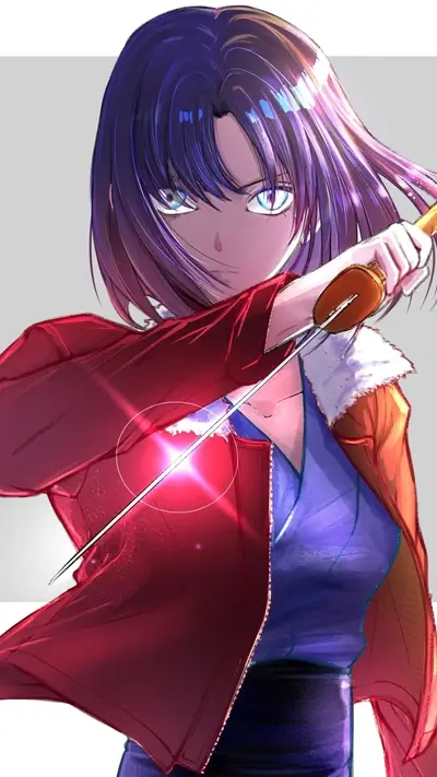 Girl with purple hair wielding a sword