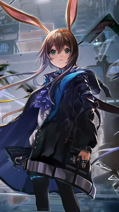 Girl with rabbit ears in futuristic city