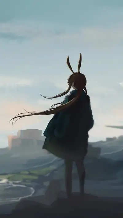 Girl with rabbit ears looking at a distant landscape