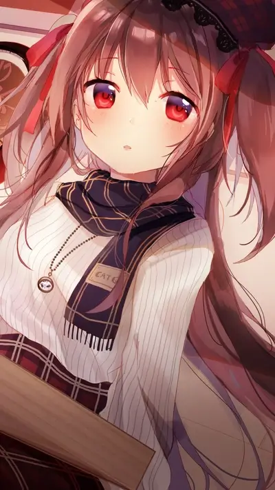 Girl with red eyes and brown hair wearing sweater and scarf