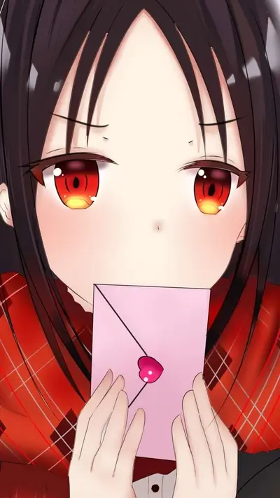 Girl with red eyes holding a pink letter