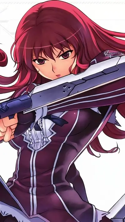 Girl with red hair aiming a futuristic weapon
