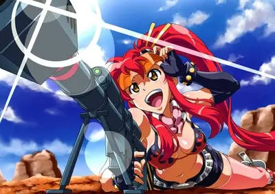 Girl with red hair aiming a large weapon