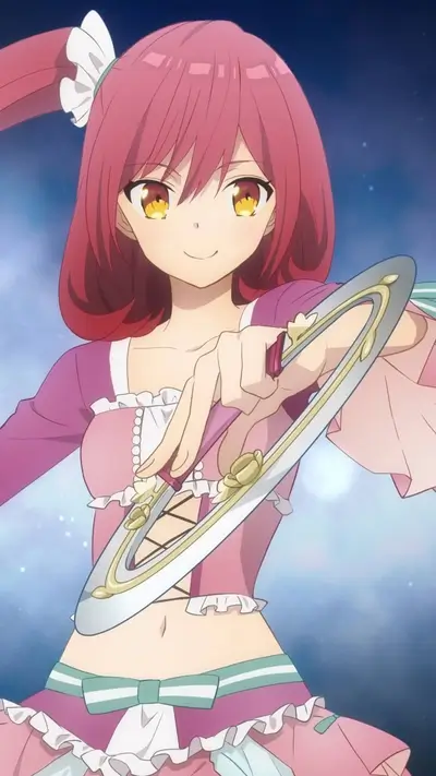 Girl with red hair and a crescent-shaped weapon