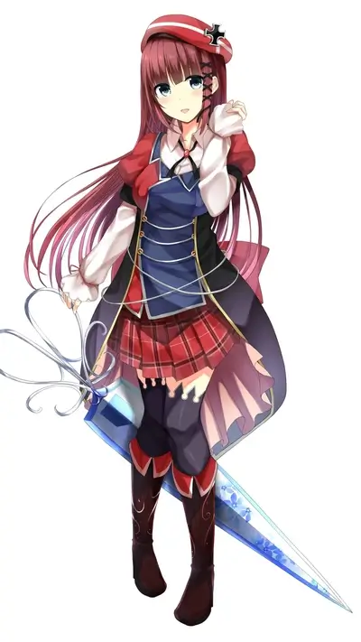 Girl with red hair and unique outfit holding sword.