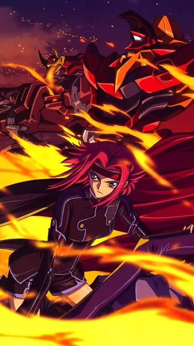 Girl with red hair in front of mecha