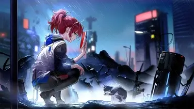 Girl with red hair in the rain holding a mask