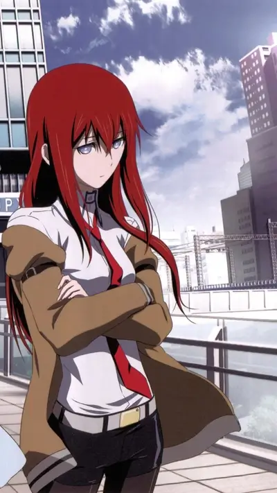 Girl with red hair standing in city