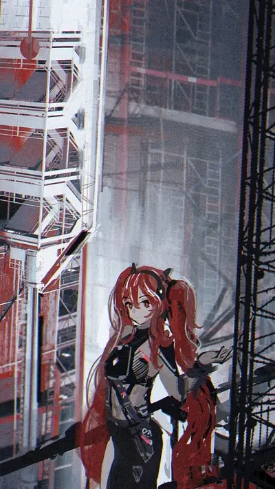 Girl with red hair standing in front of a building under construction