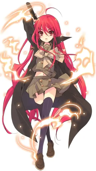 Girl with red hair wielding a flaming sword