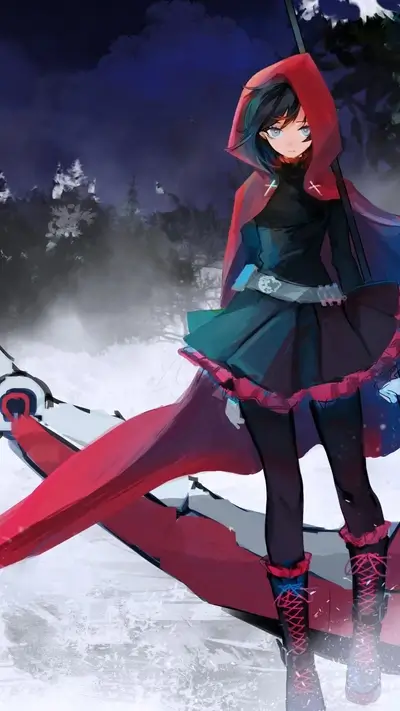 Girl with red hood and weapon in snowy landscape